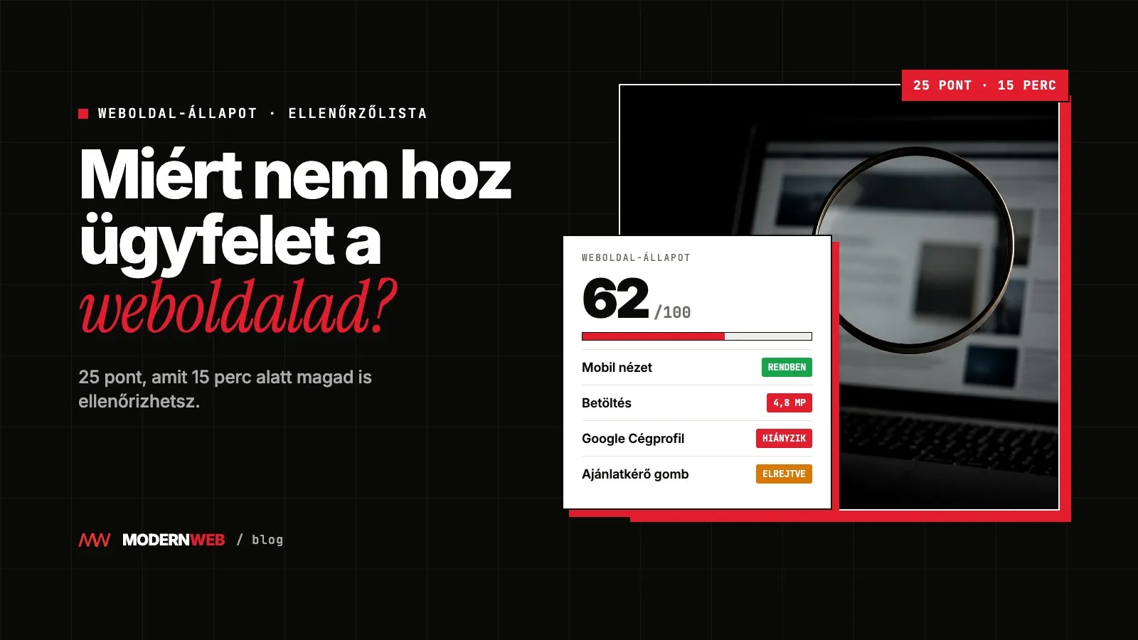 Weboldal-elemzés: 25 pontos ellenőrzőlista — állapotjelentés 62/100 ponttal