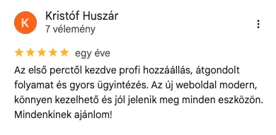 Huszár Kristóf ötcsillagos Google értékelése a ModernWebről